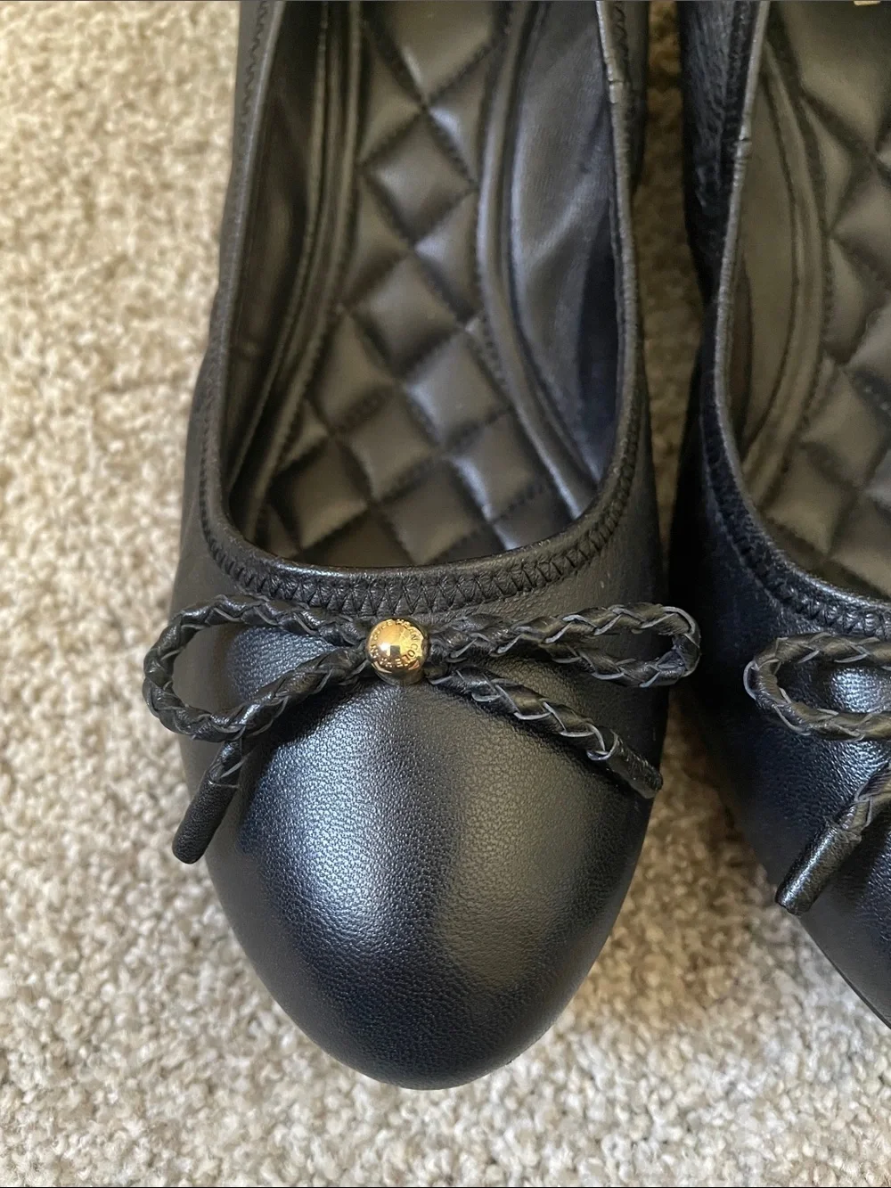 Cole Haan Tali Grand Wedge Sz 9 Black Leather Ballet Flats Braided Bow 1.5” heel